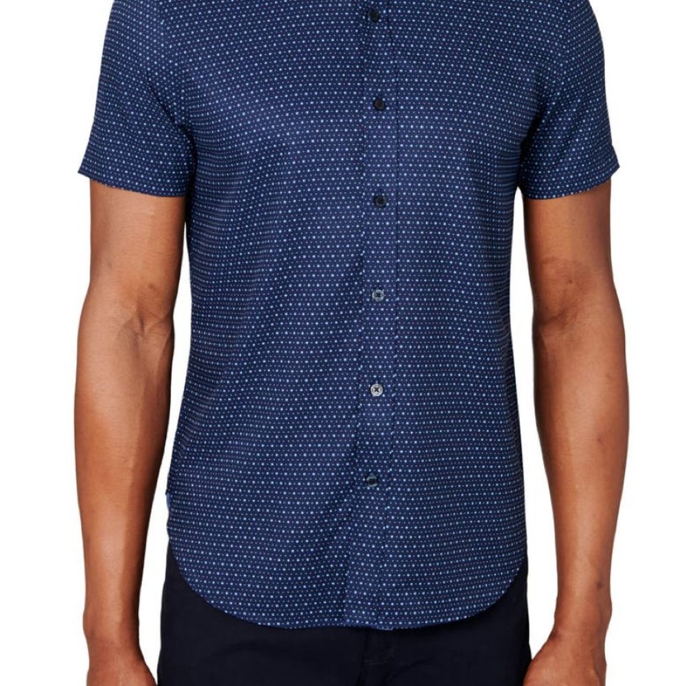 Con.Struct Mens XXL Shirt Blue Navy Polka Dot 4-Way Stretch Short Sleeve Button